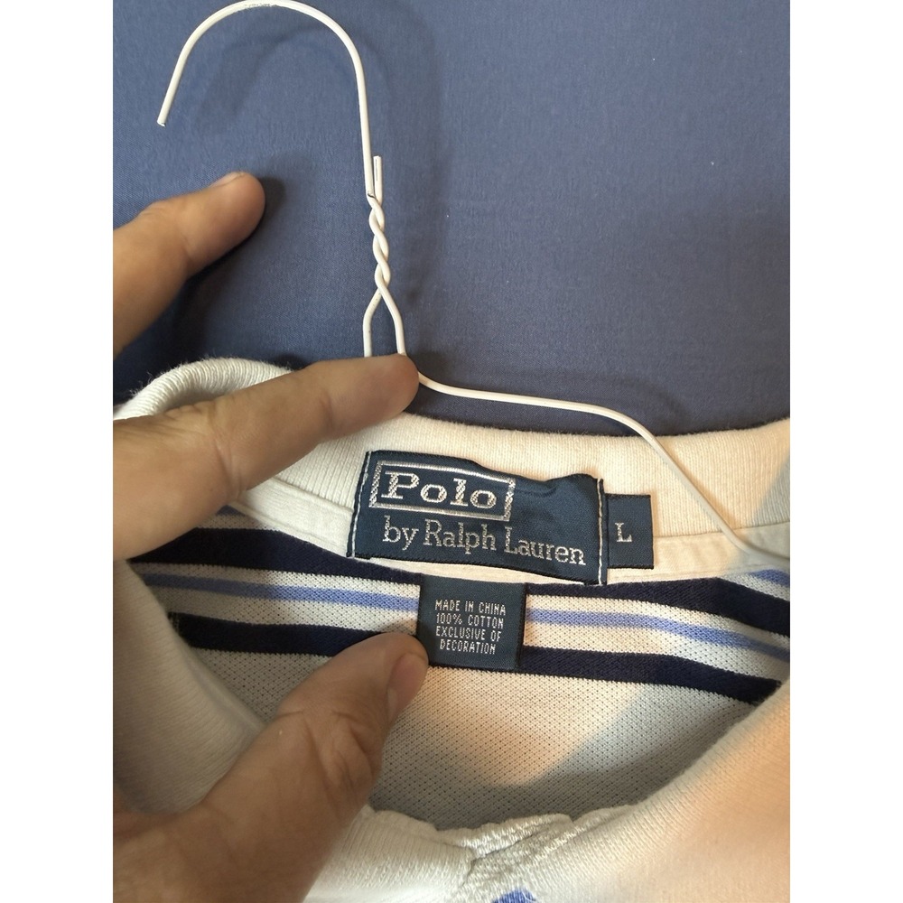 Vintage Polo Ralph Lauren Mens Large White Blue Striped Polo Shirt Red Pony - Picture 3 of 5